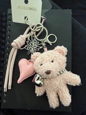 Accessorize Pink Bouclé Teddy Bear Keychain with Heart Charms